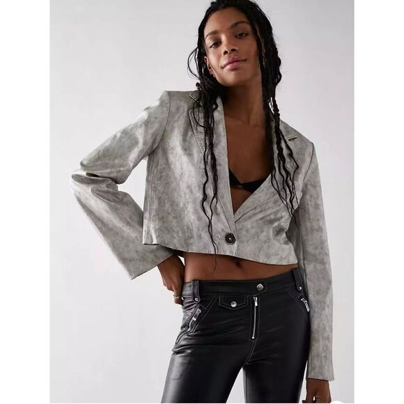 We The Free Block Party Vegan Leather Cropped Blazer‎ Silver Size M - Picture 1 of 12